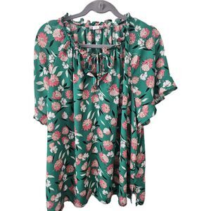 Liz Claiborne Women's Floral Print Short Sleeve Shirt Blouse Green Pink  Size 1X